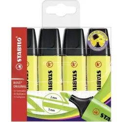 Stabilo Boss 70 Pack de 4 Marcadores Fluorescentes - Trazo entre 2 y 5mm - Recargable - Tinta con Base de Agua - Color Amarillo