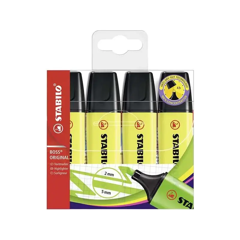 Stabilo Boss 70 Pack de 4 Marcadores Fluorescentes - Trazo entre 2 y 5mm - Recargable - Tinta con Base de Agua - Color Amarillo