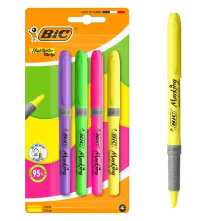 Bic Highlighter Grip Pack con 4 Marcadores Fluorescentes - Punta Biselada - Trazo entre 1.60 y 3.30 mm - Grip Texturizado - Colo
