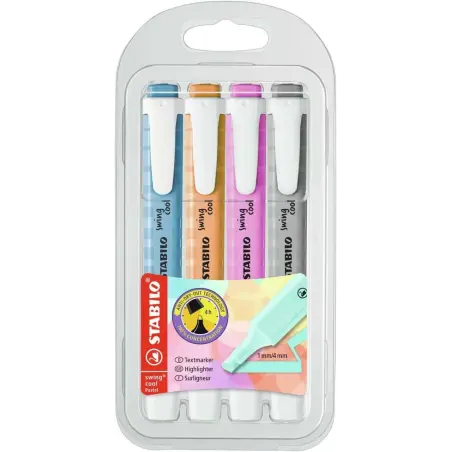 Stabilo Swing Cool Pastel Pack de 4 Marcadores Fluorescentes - Cuerpo Plano - Punta Biselada - Trazo entre 1 y 4mm - Tinta con B