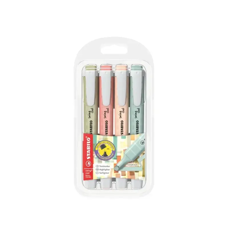 Stabilo Swing Cool Naturecolors Pack de 4 Marcadores Fluorescentes - Cuerpo Plano - Punta Biselada - Trazo entre 1 y 4mm - Tinta