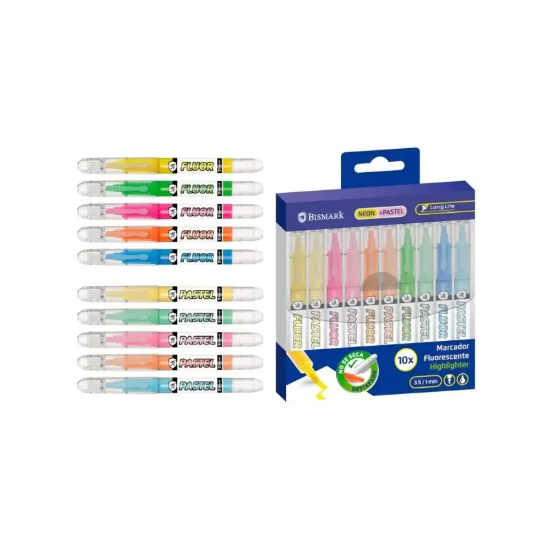 Bismark Long-Life Pack de 10 Marcadores Fluorescentes - 5x Neon y 5x Pastel - Tinta Liquida - Punta Biselada - Ideal para Subray