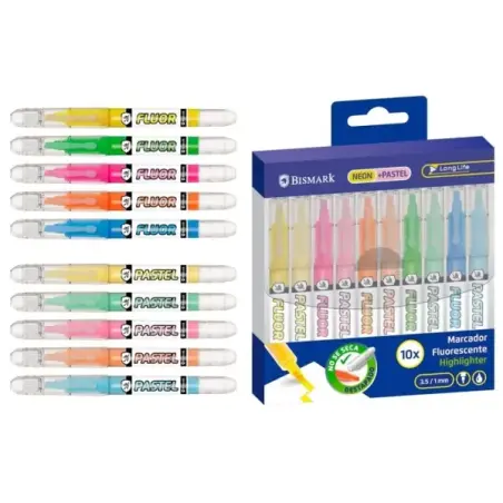 Bismark Long-Life Pack de 10 Marcadores Fluorescentes - 5x Neon y 5x Pastel - Tinta Liquida - Punta Biselada - Ideal para Subray