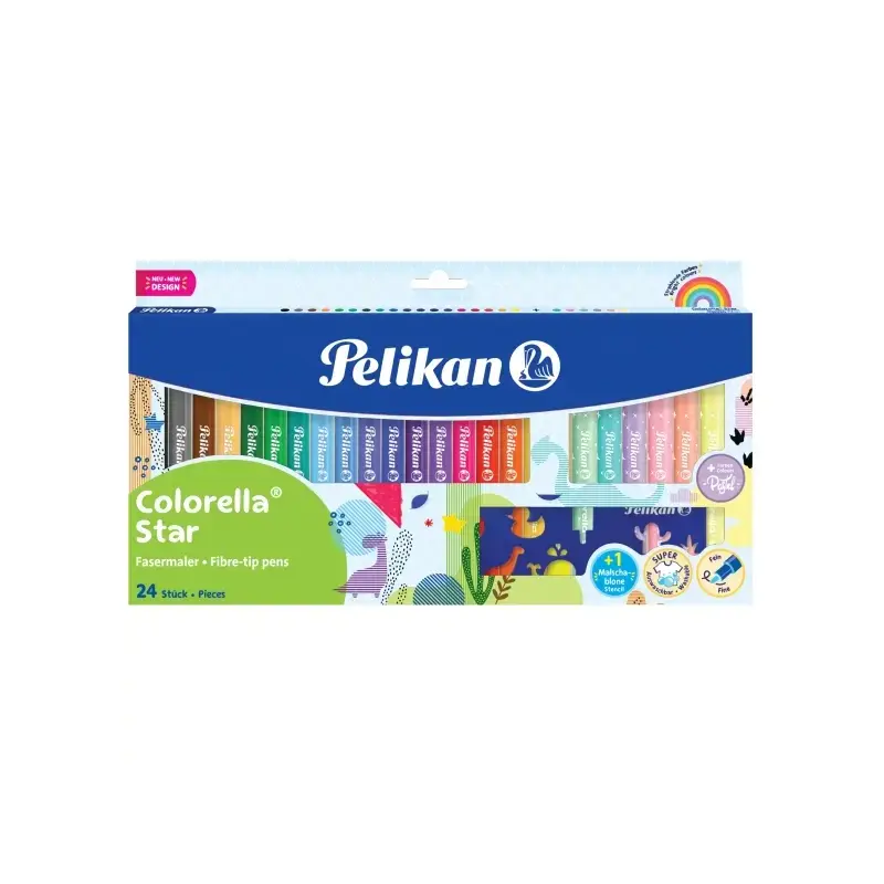 Pelikan Colorella Star Pack de 24 Rotuladores de Colores - Punta Fina - Lavables - No Toxicos - Colores Fluorescentes y Pastel S