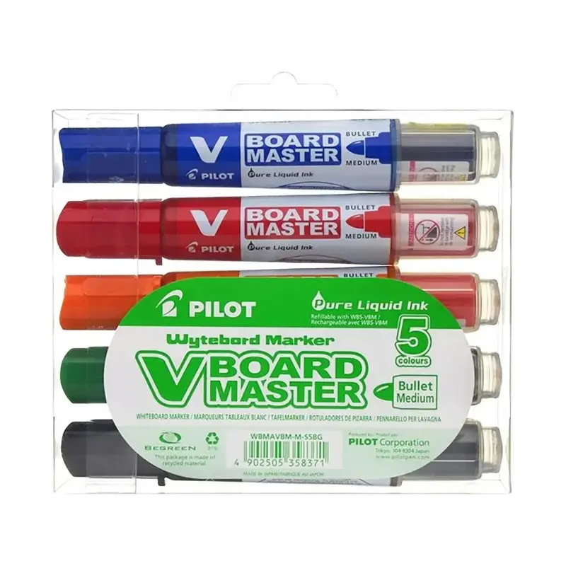Pilot V-Board Master Begreen Pack de 5 Rotuladores para Pizarra Blanca - Punta Redonda 6mm - Trazo 2.3mm - 91% Plastico Reciclad
