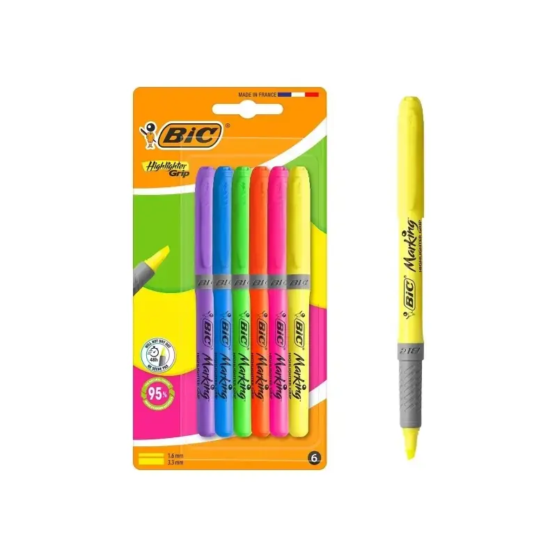 Bic Highlighter Grip Pack con 6 Marcadores Fluorescentes - Punta Biselada - Trazo entre 1.60 y 3.30 mm - Grip Texturizado - Colo