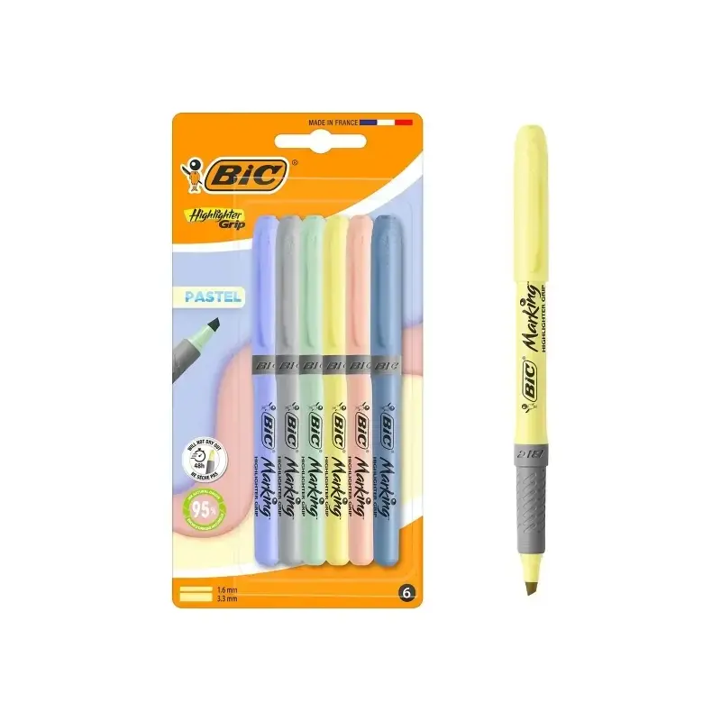 Bic Highlighter Grip Pastel Pack con 6 Marcadores Fluorescentes Pastel - Punta Biselada - Trazo entre 1.60 y 3.30 mm - Grip Text