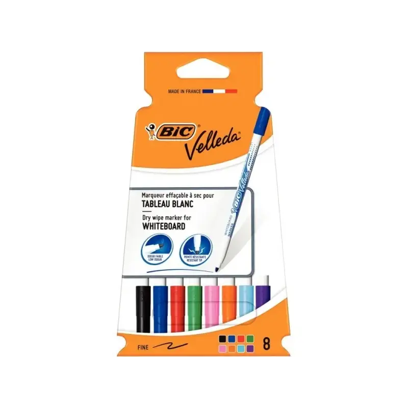 Bic Velleda 1721 Pack con 8 Rotuladores para Pizarra - Punta Fina - Trazo de 1.5mm - Borrado Optimo - Colores Surtidos | Ahorro