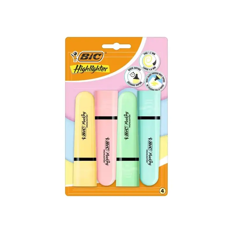 Bic Marking Highlighter Flat Pastel Pack de 4 Marcadores Fluorescentes - Punta Biselada - Trazo entre 1.20 y 4.60 mm - Tinta con