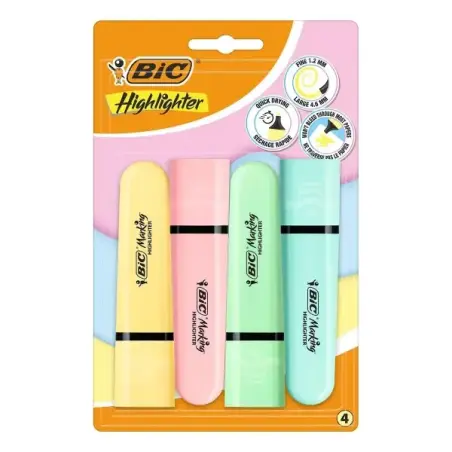 Bic Marking Highlighter Flat Pastel Pack de 4 Marcadores Fluorescentes - Punta Biselada - Trazo entre 1.20 y 4.60 mm - Tinta con