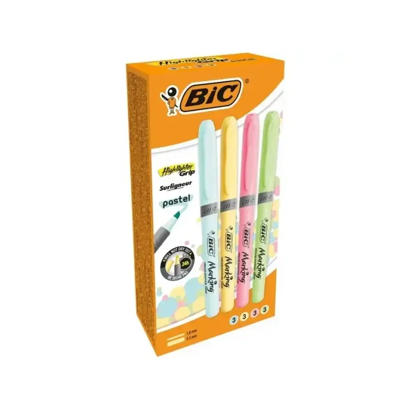 Bic Highlighter Grip Pack de 12 Marcadores Fluorescentes Pastel - Punta Biselada - Trazo entre 1.60 y 3.30mm - Grip Texturizado