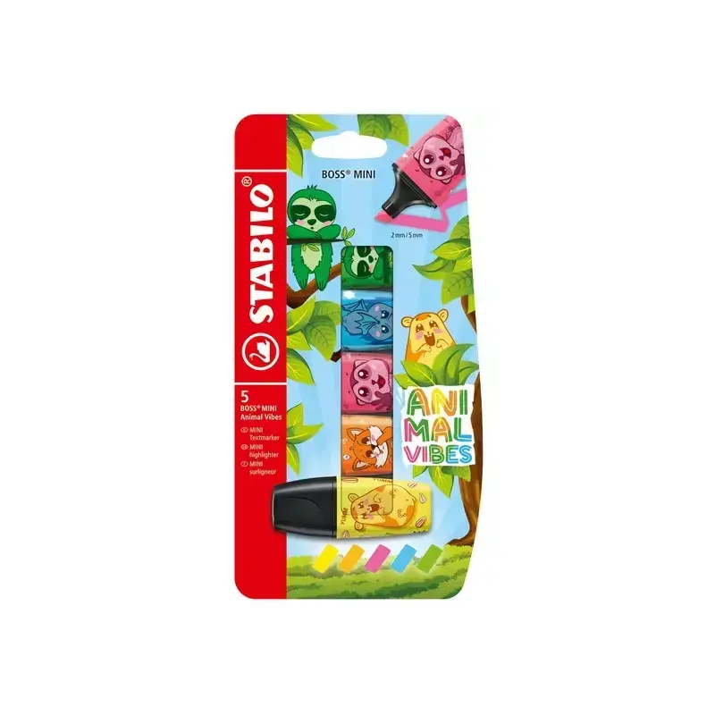 Stabilo Boss Mini Animal Vibes Pack de 5 Mini Marcadores Fluorescentes - Trazo entre 2 y 5mm - Tinta con Base de Agua - Antiseca