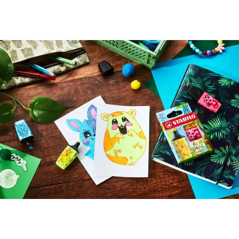 Stabilo Boss Mini Animal Vibes Pack de 5 Mini Marcadores Fluorescentes - Trazo entre 2 y 5mm - Tinta con Base de Agua - Antiseca