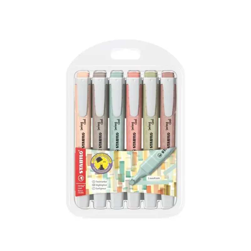 Stabilo Swing Cool Naturecolors Pack de 6 Marcadores Fluorescentes - Cuerpo Plano - Punta Biselada - Trazo entre 1 y 4mm - Tinta
