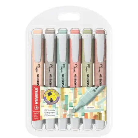 Stabilo Swing Cool Naturecolors Pack de 6 Marcadores Fluorescentes - Cuerpo Plano - Punta Biselada - Trazo entre 1 y 4mm - Tinta