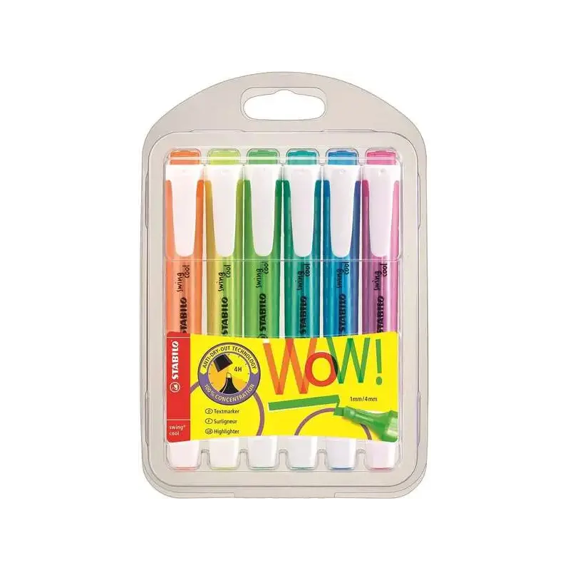 Stabilo Swing Cool Pack de 6 Marcadores Fluorescentes - Cuerpo Plano - Punta Biselada - Trazo entre 1 y 4mm - Tinta con Base de