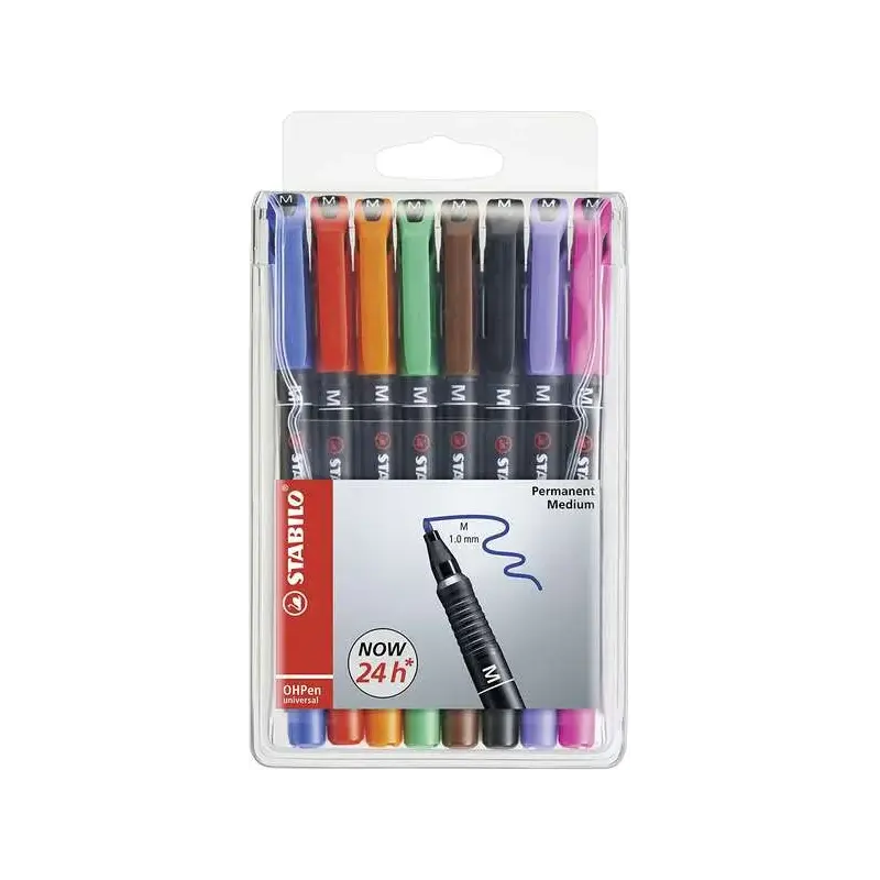 Stabilo OHPen Pack de 8 Rotuladores Permanentes - Punta Media - Trazo de 1mm - Agarre Antideslizante - Tapon Ventilado - Colores