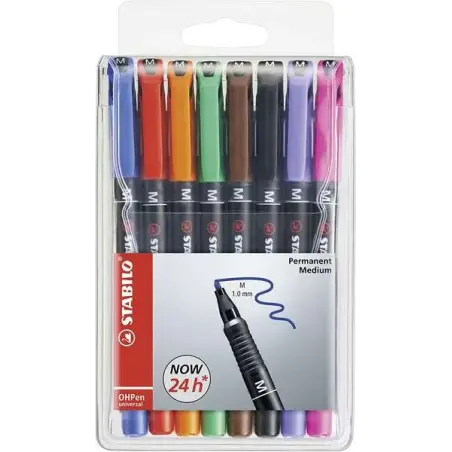 Stabilo OHPen Pack de 8 Rotuladores Permanentes - Punta Media - Trazo de 1mm - Agarre Antideslizante - Tapon Ventilado - Colores
