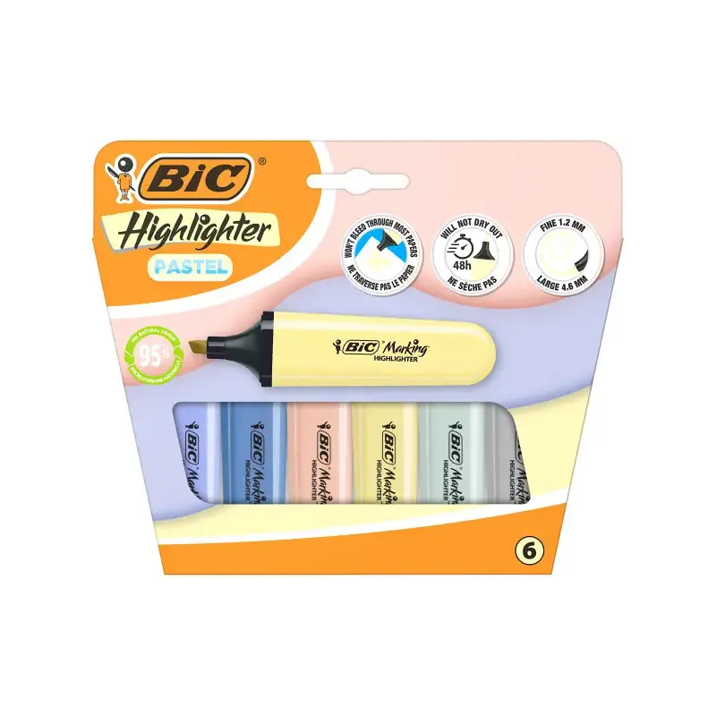 Bic Marking Highlighter Flat Pastel Mineral Pack de 6 Marcadores Fluorescentes - Punta Biselada - Trazo entre 1.20 y 4.60 mm - T