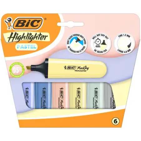 Bic Marking Highlighter Flat Pastel Mineral Pack de 6 Marcadores Fluorescentes - Punta Biselada - Trazo entre 1.20 y 4.60 mm - T