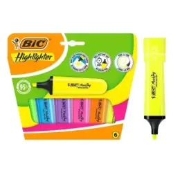 Bic Marking Highlighter Flat Pack de 6 Marcadores Fluorescentes - Punta Biselada - Trazo entre 1.20 y 4.60 mm - Tinta con Base d