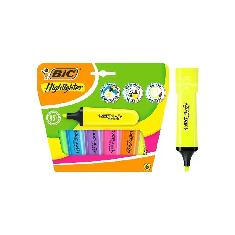 Bic Marking Highlighter Flat Pack de 6 Marcadores Fluorescentes - Punta Biselada - Trazo entre 1.20 y 4.60 mm - Tinta con Base d