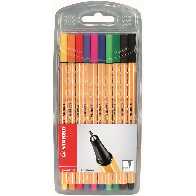 Stabilo Point 88 Pack de 10 Rotuladores de Punta Fina de Fibra - Trazo de 0.4 mm - Tinta con Base de Agua - Colores Surtidos | A