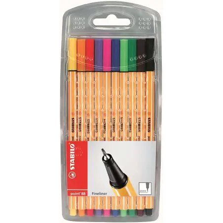 Stabilo Point 88 Pack de 10 Rotuladores de Punta Fina de Fibra - Trazo de 0.4 mm - Tinta con Base de Agua - Colores Surtidos | A