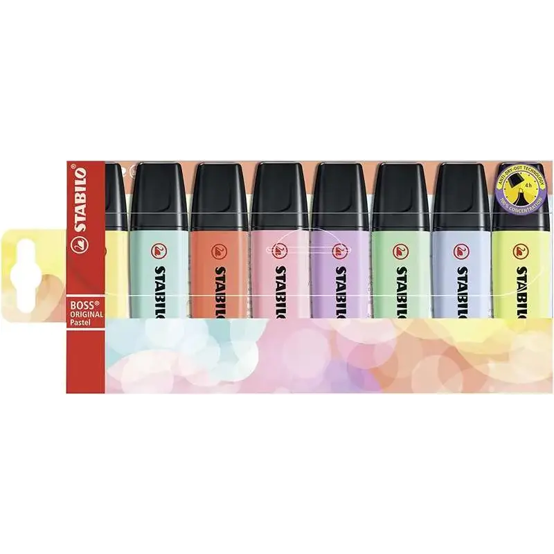 Stabilo Boss 70 Pastel Pack de 8 Marcadores Fluorescentes - Trazo entre 2 y 5mm - Recargable - Tinta con Base de Agua - Colores