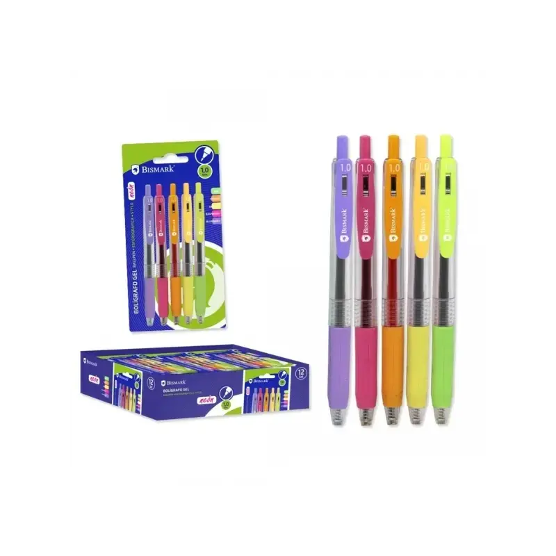 Bismark Pack de 5 Boligrafos Retractiles Tinta Gel - Punta 1.0mm - Escritura Suave - Colores Neon Surtidos | Ahorro Imprimiendo