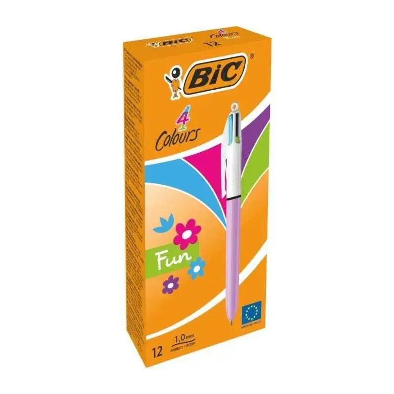 Bic 4 Colours Fun Boligrafo de Bola Retractil - Punta Media de 1.0mm - Tinta con Base de Aceite - Tinta de Colores: Rosa, Morado
