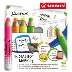 Stabilo MARKdry Neon Pack de 4 Marcadores para Pizarra + Sacapuntas + Paño de Limpieza - Mina XXL de 10mm - Madera 100% Certific