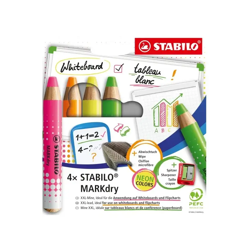Stabilo MARKdry Neon Pack de 4 Marcadores para Pizarra + Sacapuntas + Paño de Limpieza - Mina XXL de 10mm - Madera 100% Certific