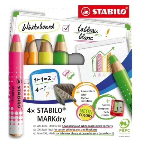 Stabilo MARKdry Neon Pack de 4 Marcadores para Pizarra + Sacapuntas + Paño de Limpieza - Mina XXL de 10mm - Madera 100% Certific
