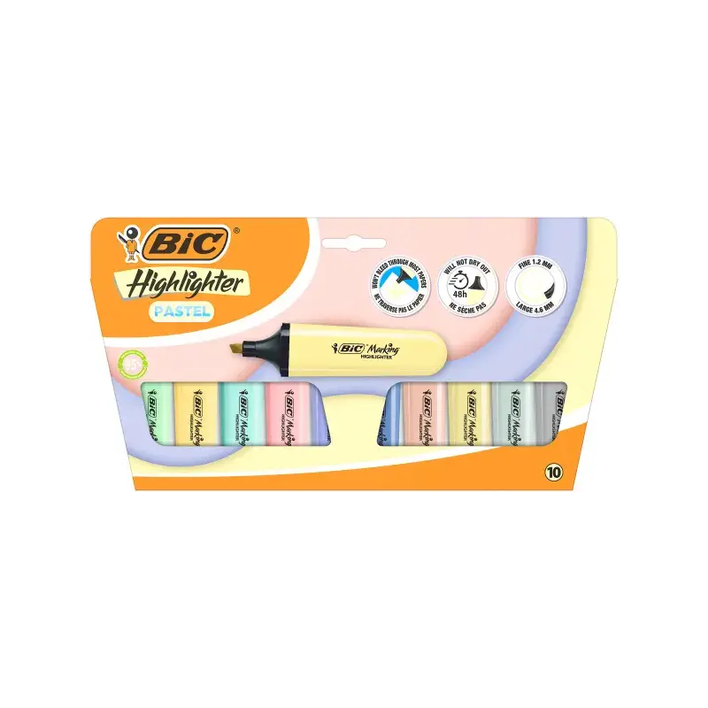Bic Marking Highlighter Flat Pastel Pack de 10 Marcadores Fluorescentes - Punta Biselada - Trazo entre 1.20 y 4.60 mm - Tinta co
