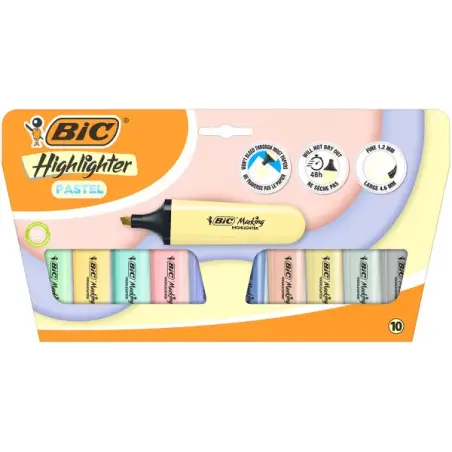 Bic Marking Highlighter Flat Pastel Pack de 10 Marcadores Fluorescentes - Punta Biselada - Trazo entre 1.20 y 4.60 mm - Tinta co