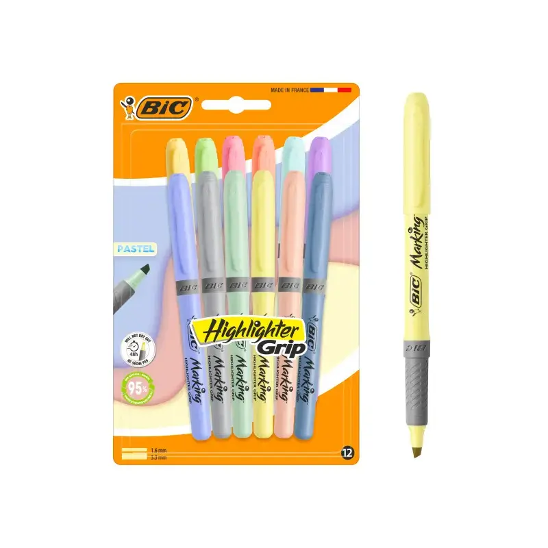 Bic Highlighter Grip Pastel Pack con 12 Marcadores Fluorescentes Pastel - Punta Biselada - Trazo entre 1.60 y 3.30 mm - Grip Tex