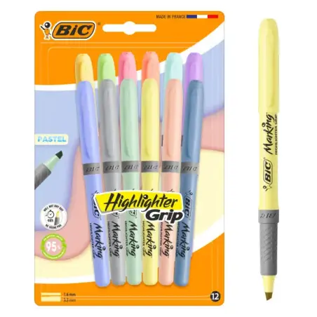 Bic Highlighter Grip Pastel Pack con 12 Marcadores Fluorescentes Pastel - Punta Biselada - Trazo entre 1.60 y 3.30 mm - Grip Tex