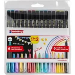 Edding 1200 Metallic and Glitter Pack de 15 Rotuladores - Punta Redonda - Trazo Metallic 1-3mm, Glitter 3mm - Tinta con Base de
