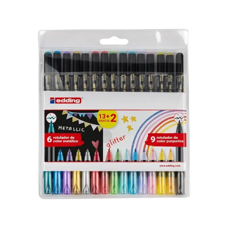 Edding 1200 Metallic and Glitter Pack de 15 Rotuladores - Punta Redonda - Trazo Metallic 1-3mm, Glitter 3mm - Tinta con Base de
