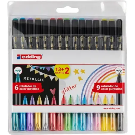 Edding 1200 Metallic and Glitter Pack de 15 Rotuladores - Punta Redonda - Trazo Metallic 1-3mm, Glitter 3mm - Tinta con Base de