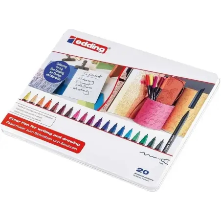 Edding 1200 Caja Metalica con 20 Rotuladores - Punta Redonda - Trazo 1mm - Tinta con Base de Agua - Colores Surtidos | Ahorro Im