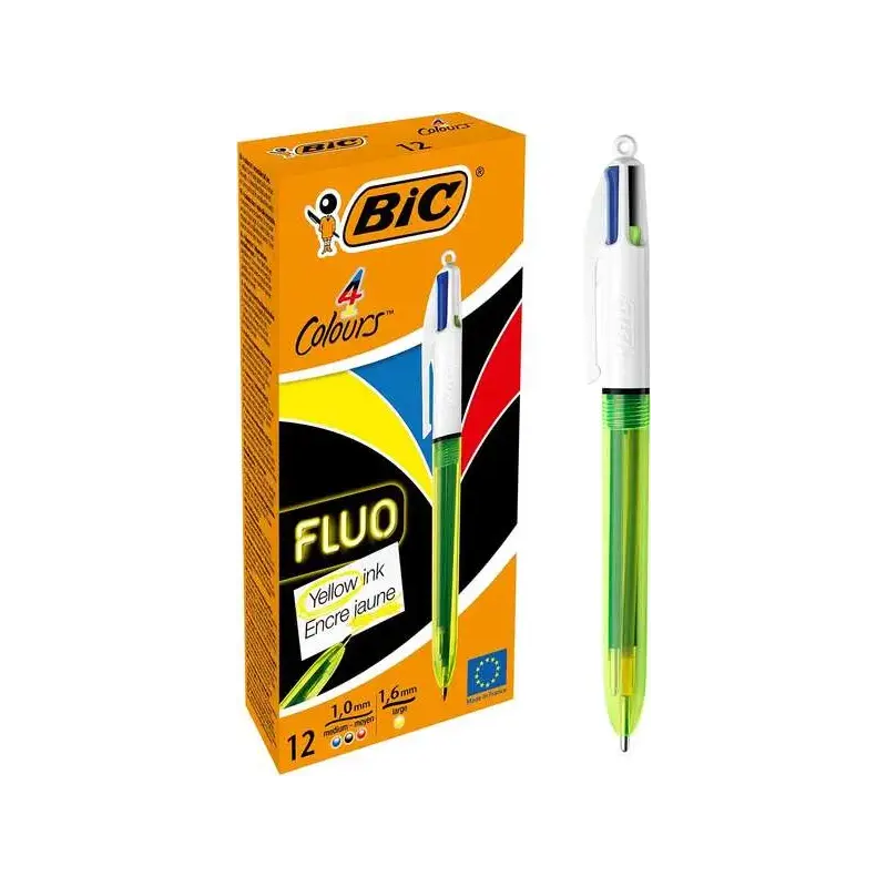 Bic 4 Colours Fluo Boligrafo de Bola Retractil - Punta Media de 1.0mm - Tinta con Base de Aceite - Tinta de Colores: Negro, Azul