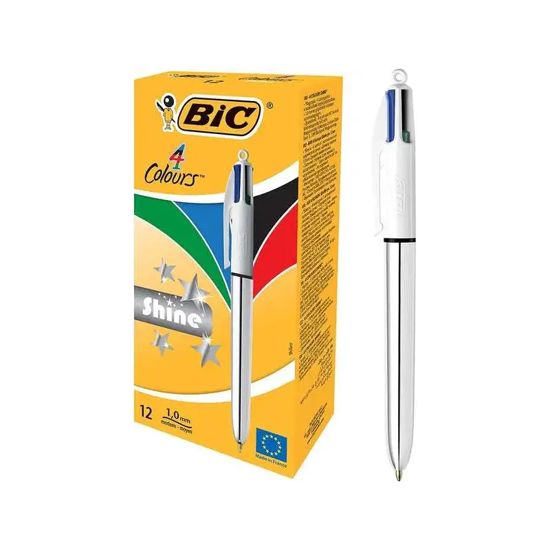 Bic 4 Colours Shine Boligrafo de Bola Retractil - Punta de 1mm - Trazo de 0.4mm - Tinta con Base de Aceite - Cuerpo Plata/Blanco