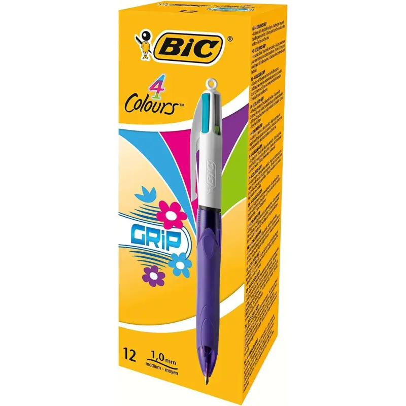 Bic 4 Colours Grip Fashion Boligrafo Retractil con Grip - Punta Media de 1mm - Trazo de 0.4mm - Tinta con Base de Aceite - Cuerp