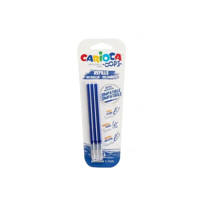 Carioca Oops Pack de 3 Recambios para Boligrafo Borrable - Tinta Termo Sensible - Punta de 0.7mm - Color Azul | Ahorro Imprimien