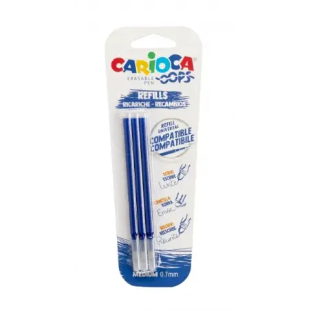 Carioca Oops Pack de 3 Recambios para Boligrafo Borrable - Tinta Termo Sensible - Punta de 0.7mm - Color Azul | Ahorro Imprimien