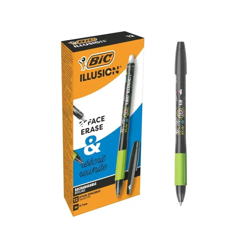 Bic Illusions Boligrafo Borrable - Punta Media de 0.7mm - Grip de Goma - Recargable - Color Negro | Ahorro Imprimiendo