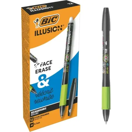 Bic Illusions Boligrafo Borrable - Punta Media de 0.7mm - Grip de Goma - Recargable - Color Negro | Ahorro Imprimiendo