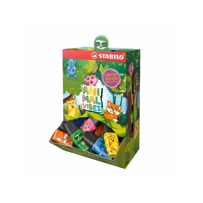 Stabilo Boss Mini Animal Vibes Expositor con 50 Mini Marcadores Fluorescentes - Trazo entre 2 y 5mm - Tinta con Base de Agua - A